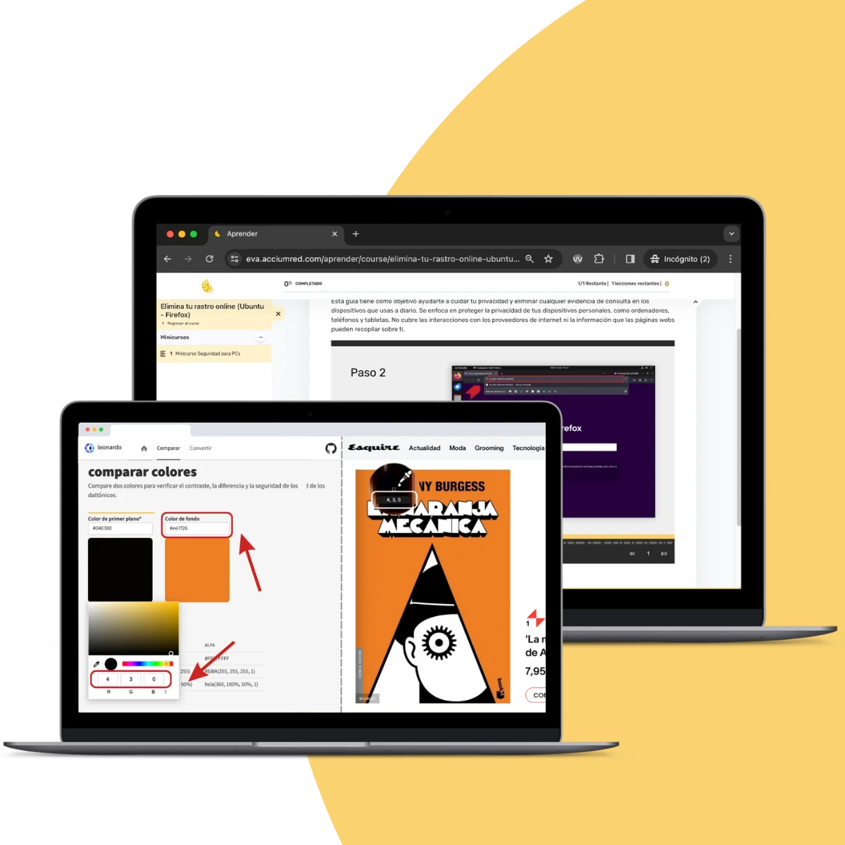 Dos portátiles muestran en sus pantallas cursos diferentes de la escuela. En el primer portátil, se visualiza un curso de diseño accesible que analiza los contrastes del cartel promocional de la película "La naranja mecánica", destacando los colores naranja, blanco y negro. En el segundo portátil, se muestra el curso "Elimina tu rastro online en Ubuntu y Firefox", perteneciente a la categoría de Seguridad.