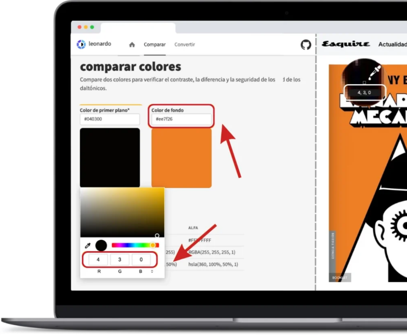 Captura de un portátil con la herramienta 'Leonardo – Comparar colores'. En ella, se destacan, con flechas rojas, los campos de color negro #040300 y naranja #ee7f26.