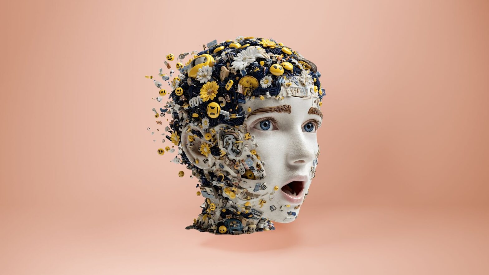 Portada del curso «Describir imágenes». En el centro, un rostro flotando con ojos y boca abiertos; flores y emojis alrededor de su cabeza. El fondo es de color melocotón.