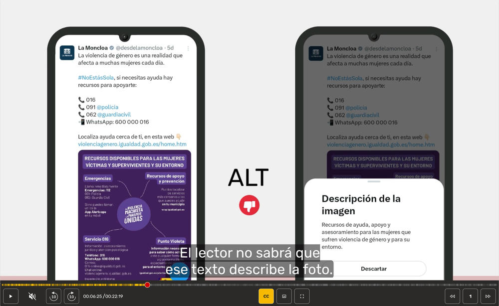 Publicación de La Moncloa con un cartel sobre recursos frente a la violencia machista. El texto dice: “La violencia de género es una realidad que afecta a muchas mujeres cada día. #NoEstásSola. Si necesitas ayuda: 016, 091, 062, WhatsApp 600 000 016 y la web violenciagenero.igualdad.gob.es”. A su lado se ve el indicador “ALT” con un pulgar hacia abajo, señalando que falta un texto alternativo accesible.