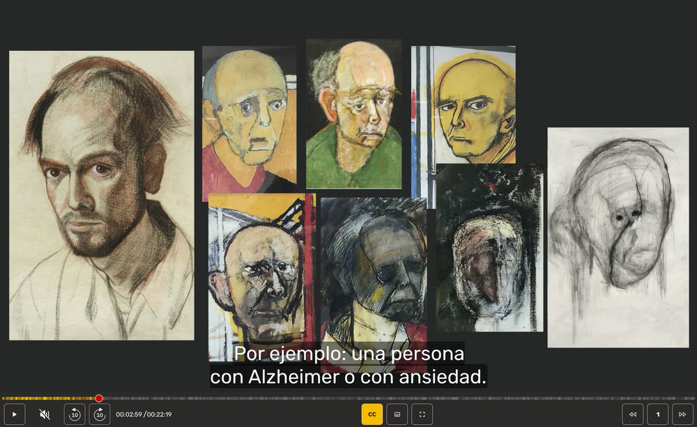 Serie de ocho autorretratos del pintor William Utermohlen. A la izquierda, un primer retrato realista del artista joven. Los autorretratos siguientes muestran una transformación: los rasgos se simplifican y las formas se distorsionan hasta hacerse irreconocibles. El conjunto refleja la evolución del Alzheimer en el propio artista, que se pintó a sí mismo mientras la enfermedad avanzaba.