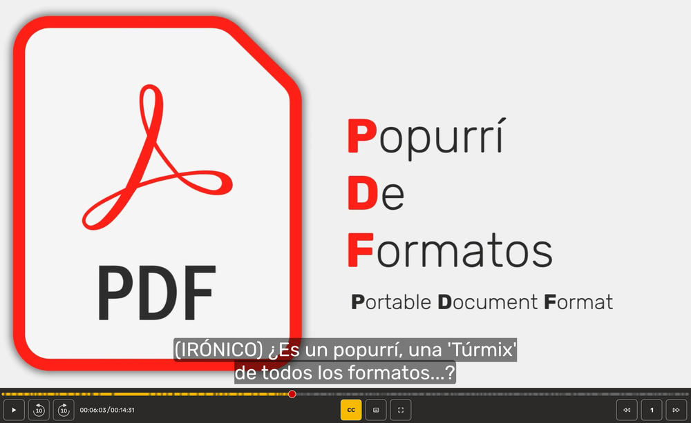 Un icono de archivo PDF con el logotipo de Adobe. A la derecha, las letras P D F aparecen en rojo formando “Popurrí De Formatos”, seguido debajo del significado real “Formato de Documento Portable”. Un guiño visual que juega con las siglas.