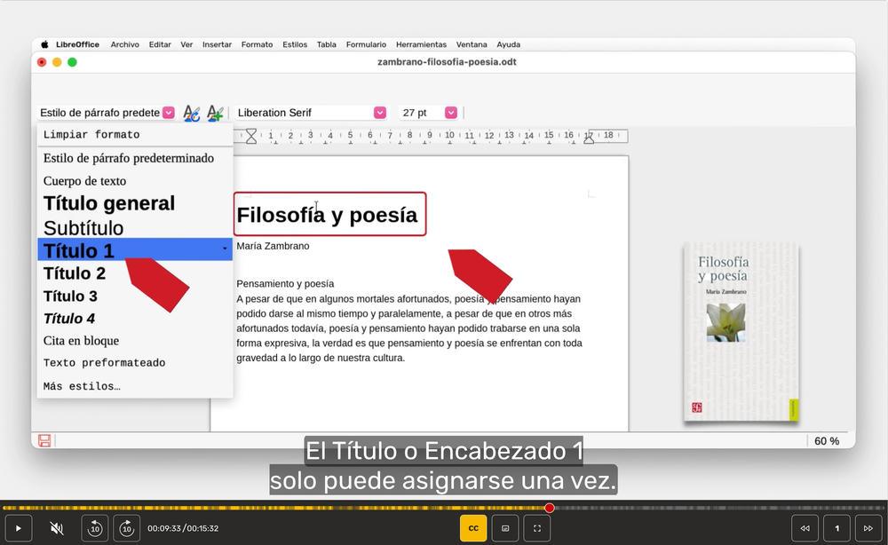 En pantalla, LibreOffice Writer con el texto «Filosofía y poesía» seguido del nombre «María Zambrano» y un párrafo introductorio. En él se aplican estilos de encabezado.