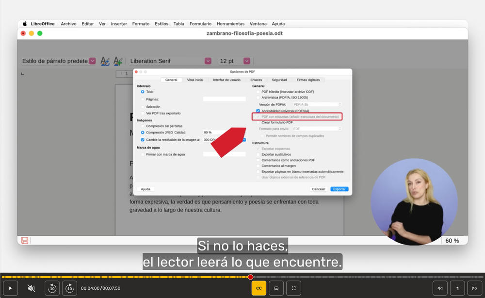 En pantalla, el PDF «filosofia-y-poesia.pdf» abierto en LibreOffice Writer. Encima aparece la ventana emergente con las opciones de exportación a PDF. El subtítulo dice: «Si no lo haces, el lector de pantalla leerá lo que encuentre».