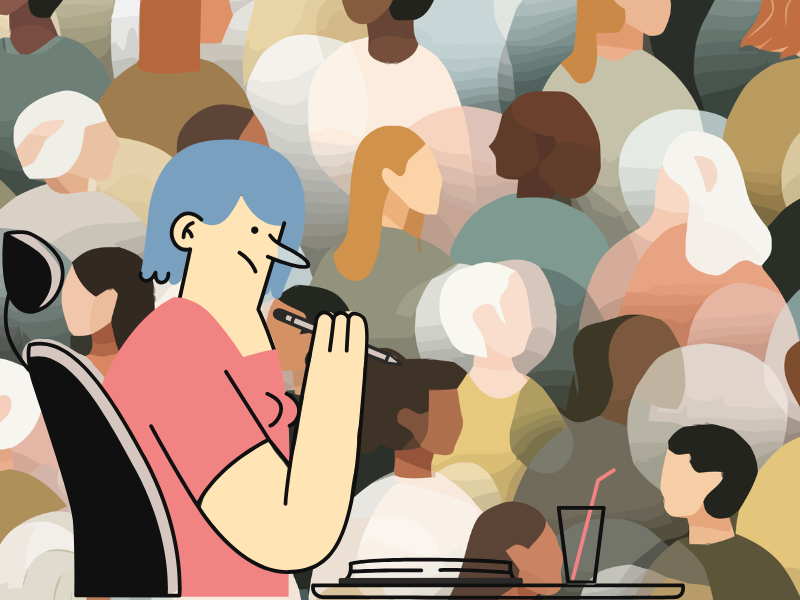 Ilustración de una persona sentada en una mesa con un bolígrafo en la mano, pensando. En el fondo, una multitud de personas representadas de forma abstracta y sin rasgos definidos.