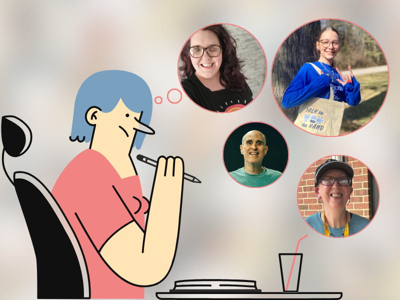 Ilustración de una persona sentada en una mesa con un bolígrafo en la mano, pensando. Frente a ella, cuatro retratos de personas diferentes mirando a cámara.